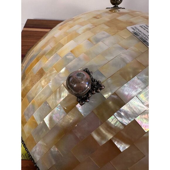 Handcrafted Mother-Of-Pearl Decorative Bowl With Ornate Metal Trim & Gem Accents - Picture 6 of 12